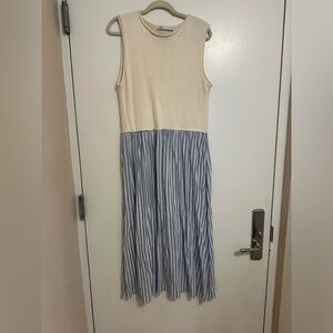 Zara midi blue and white striped skirt with cream sweater top.